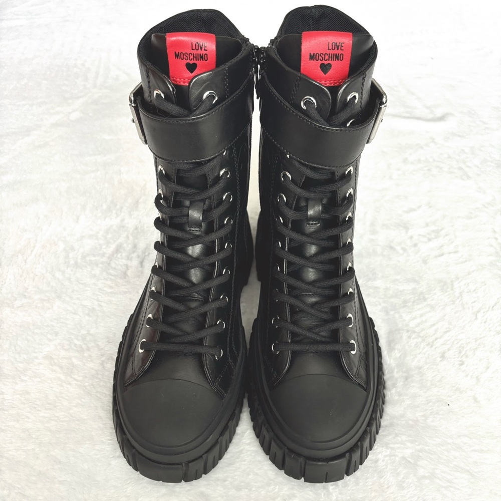 LOVE MOSCHINO Black Leather Moto Biker Boots--NEW--7 - Picture 2 of 15